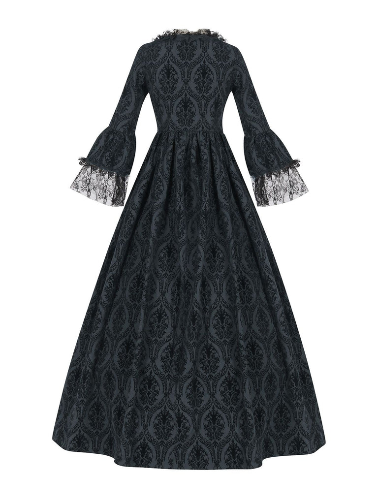 Schwarz 1950er Gothic Viktorianisch Spitze Glockenärmel Kleid