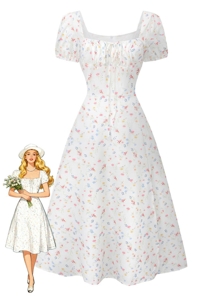 Weiß 1930er Blumen Quadratischer Hals Puffärmel Kleid