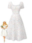 Weiß 1930er Blumen Quadratischer Hals Puffärmel Kleid