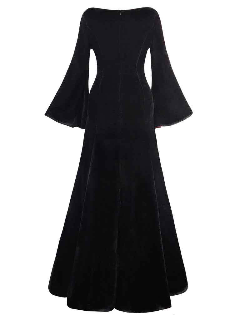 1930er Morticia Addams Samt Glockenärmel Kleid