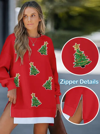 Rot 1970er Zip Detail Weihnachten Baum Paillette Sweatshirt