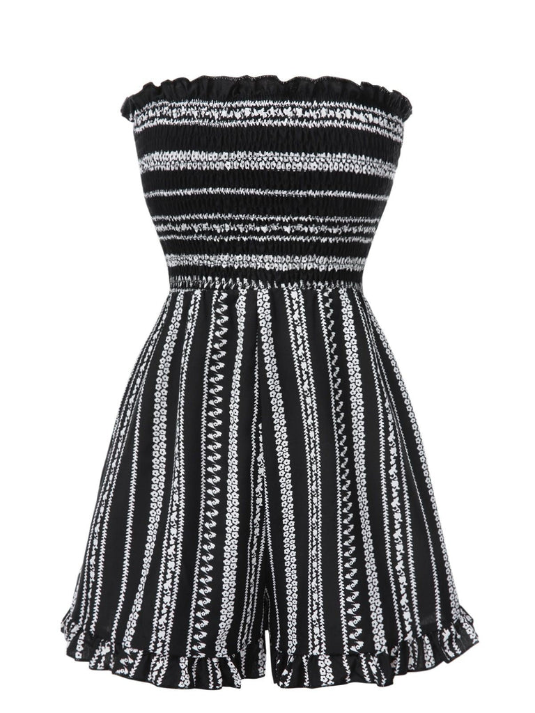 Schwarz 1970er Boho Streifen Bandeau Gesmokt Romper