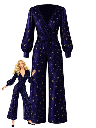[Vorverkauf] Tiefblau 1950er Stern V-Ausschnitt Weites Bein Samt Jumpsuit