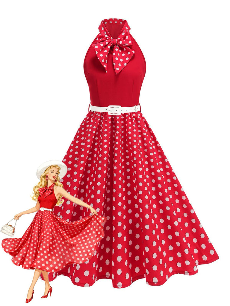 1950er Bogen Binde-Hals Polka Punkte Gürtel Kleid