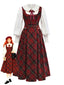 2PCS Rot 1940er Peter Pan Kragen Bluse & Plaid Swing Kleid