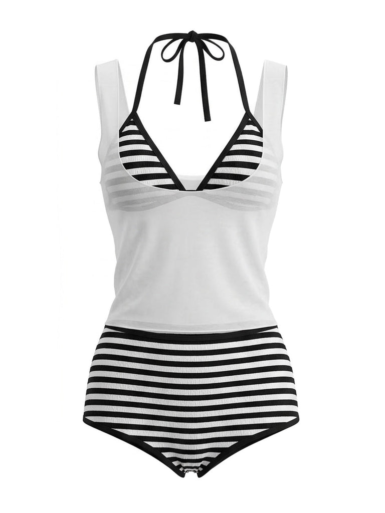 3PCS 1980er Streifen Bikini Set & Durchsichtig Cover-Up Tank