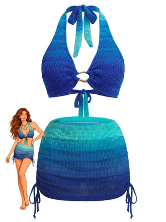 Blaues und grünes Bikini-Set mit einem Model vor weißem Hintergrund