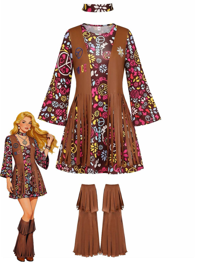 3PCS Braun 1970er Fransen Hippie Kostüm Set