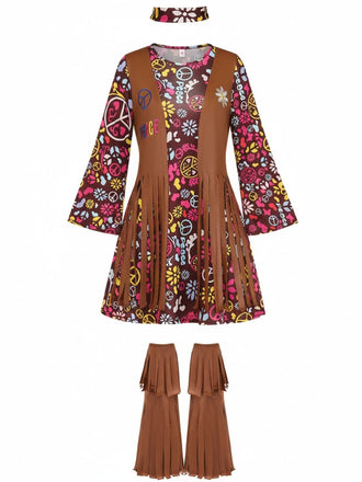 3PCS Braun 1970er Fransen Hippie Kostüm Set