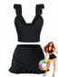 3PCS Schwarz 1950er V-Ausschnitt Rüschen Bikini Rock