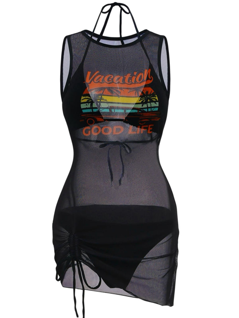 3PCS Schwarz 1960er Urlaubs Print Netz Halter Bikini Set & Cover-Up