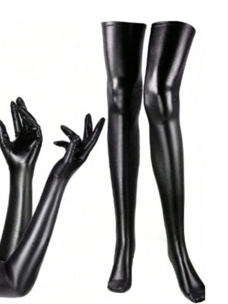 Halloween Schwarz PU-Leder Handschuhe & Overknee-Socken Set