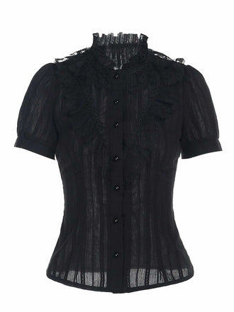 Schwarz 1980er Gothic Baumwolle Rüschen Bluse