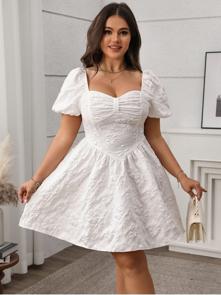 [Übergröße] Weiß 1950er Solide Quadratischer Hals Puff Kleid