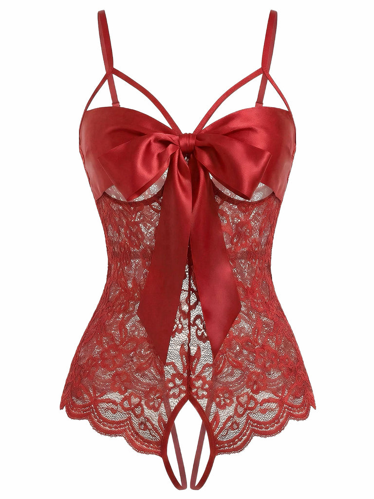 1970er Spitze Satin Bogen Verstellbar Träger Dessous