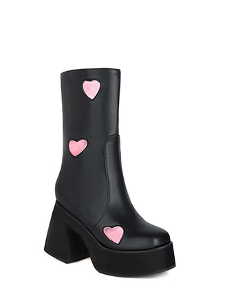 Hollow Herzen Leder Klobige Plateaustiefel
