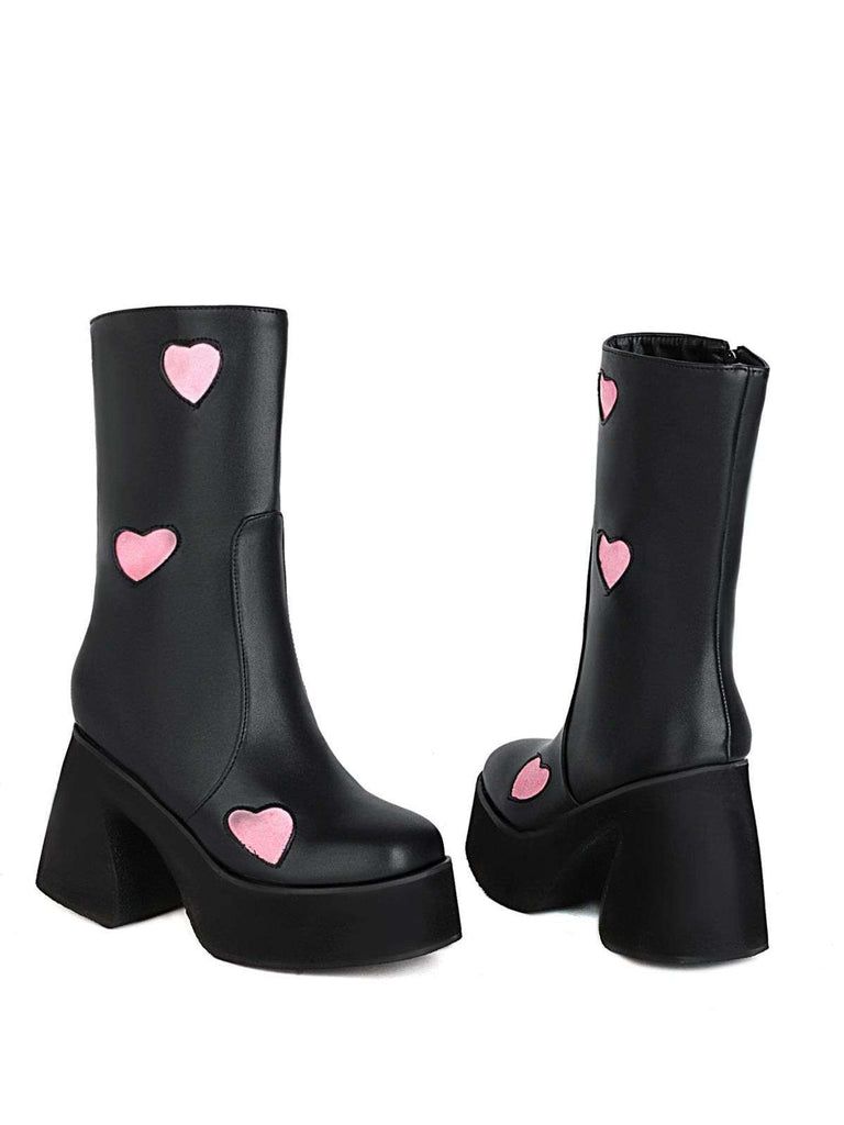 Hollow Herzen Leder Klobige Plateaustiefel
