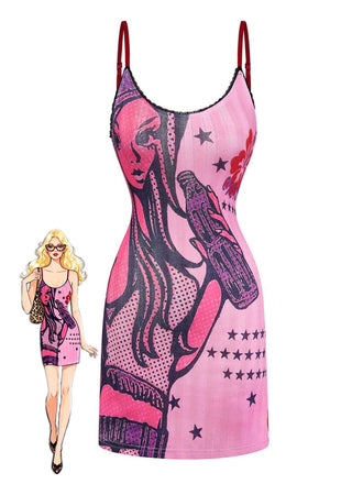 Rosa 2000er Slip Spitze Besatz Comic Druck Kleid