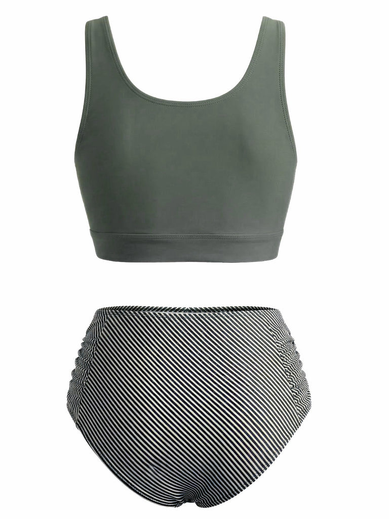 Olivgrün 1940er Binde Front Hohe Taille Tankini Set