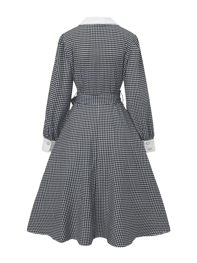 Schwarz 1940er Hahnentritt Puffärmel Perlen Taste Kleid