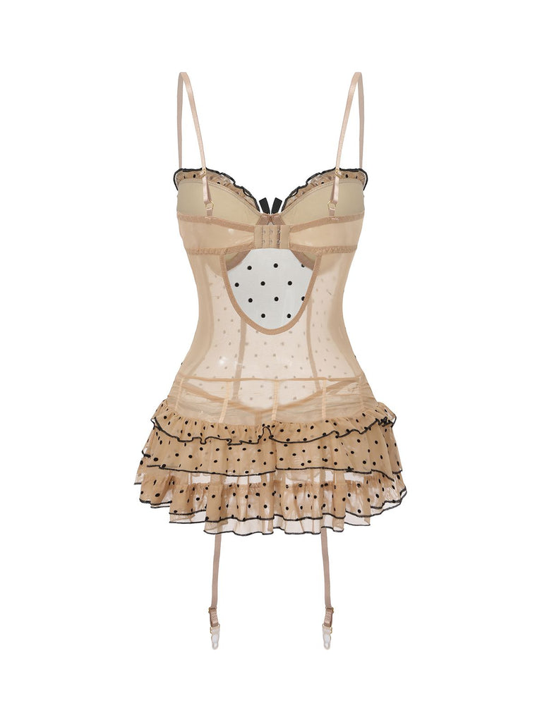 Khaki 1980er Punkte Gestuft Babydoll Nachthemd