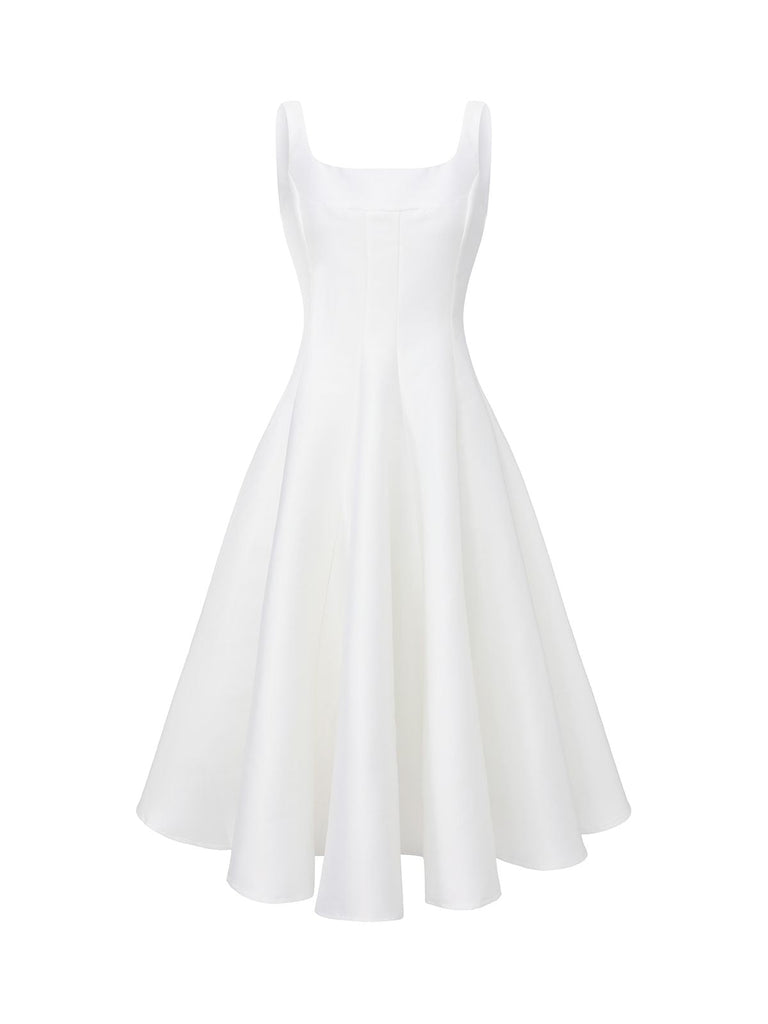 Weiß 1950er Solide Breit Gurt Abend Kleid