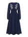 Marineblau 1970er Blumen Besticktes Maxi Kleid