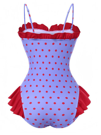 Blau 1950er Polka Dots Rüschen Badeanzug