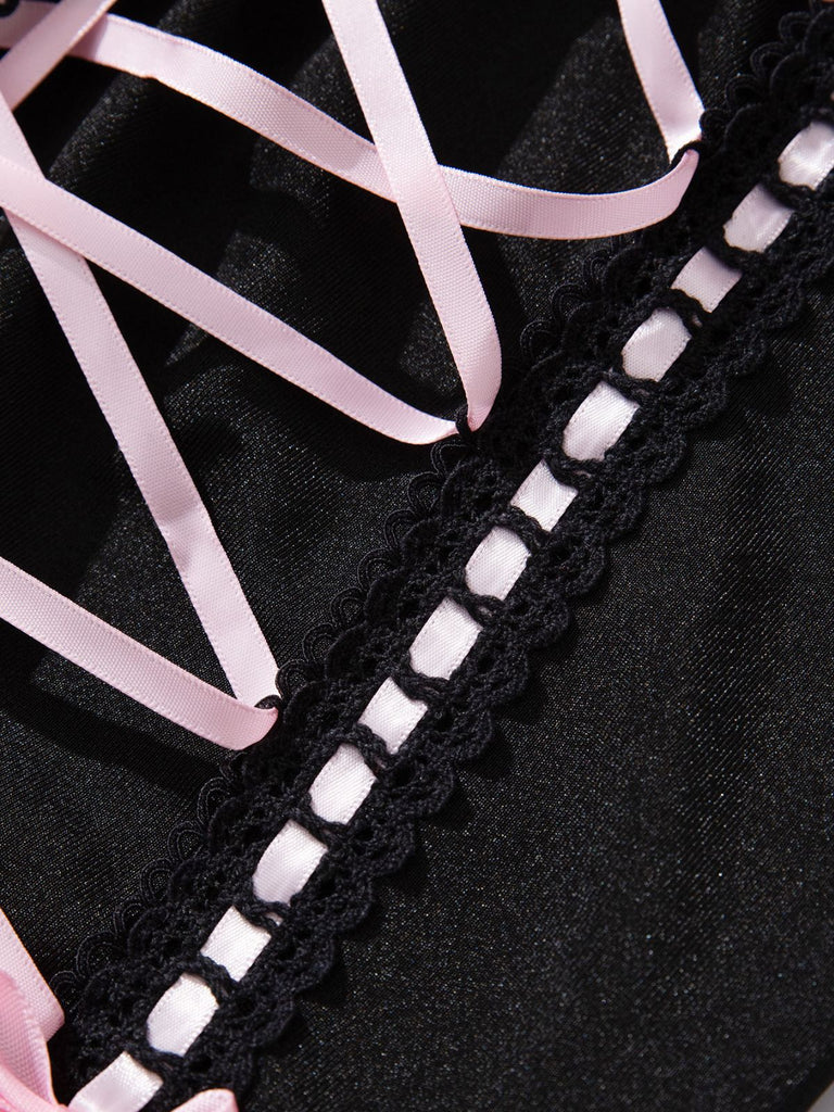 1970er Kontrastiert Spitze Netz Bogen Schnürung Dessous Set