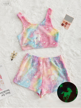 2PCS 1970er Glühend Bunt Drucken Flanell Pajama Set