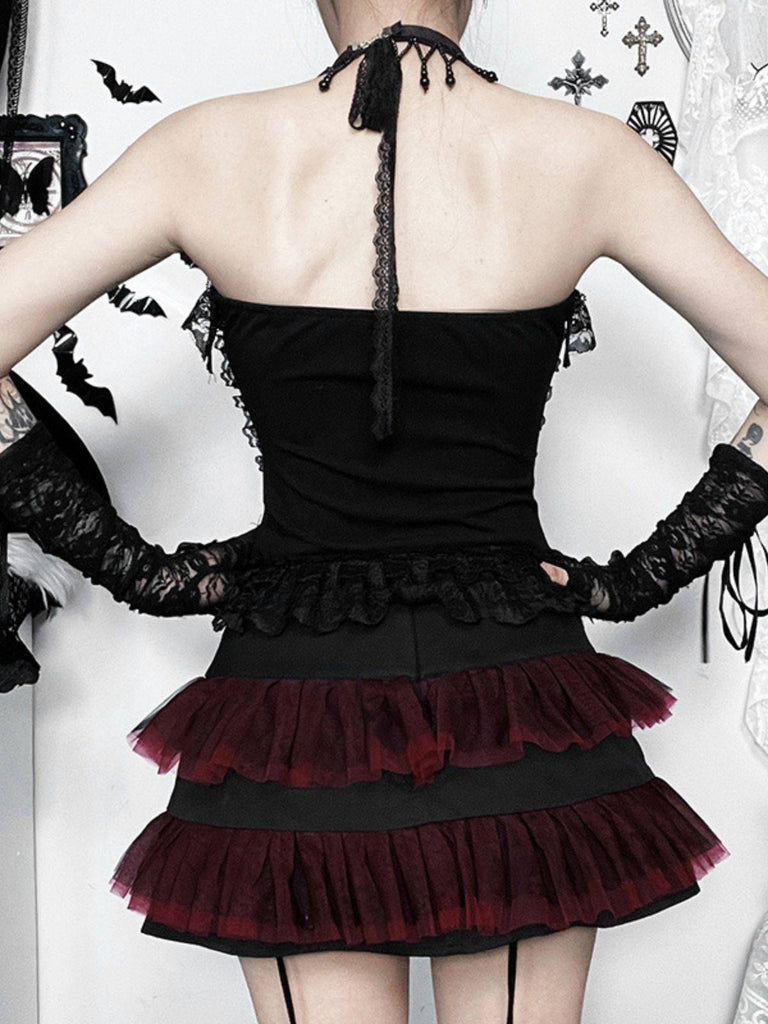 2PCS Schwarz 1980er Gothic Steampunk Halter Kreuz Camisole & Mini Rock