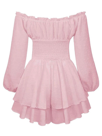 1950er Uni Schulterfrei Langarm Gesmoked Mini Kleid