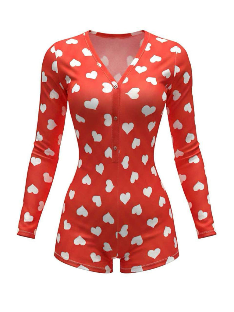 1980er V-Ausschnitt Herz Slip Drucken Romper Pajama