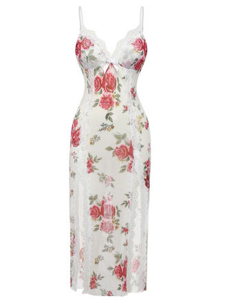 Weiß 1930er Spitze Blumen Netz Spaghetti Träger Nachthemd