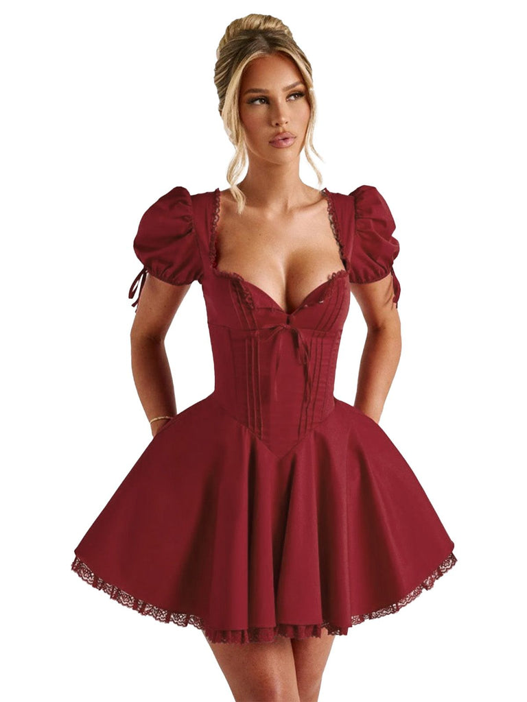 Rot 1960er Solide Puffärmel Schnürung Kleid