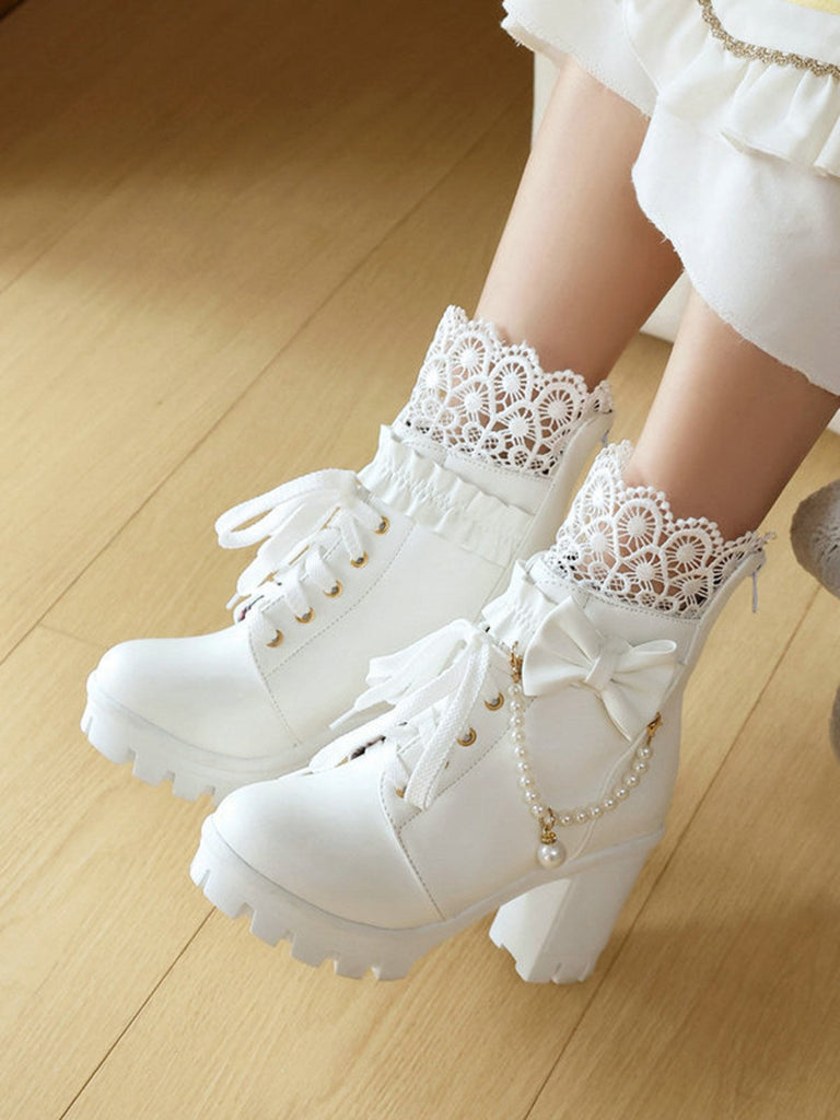 Vintage Spitze Perlen Bogen Blockabsatz Stiefel