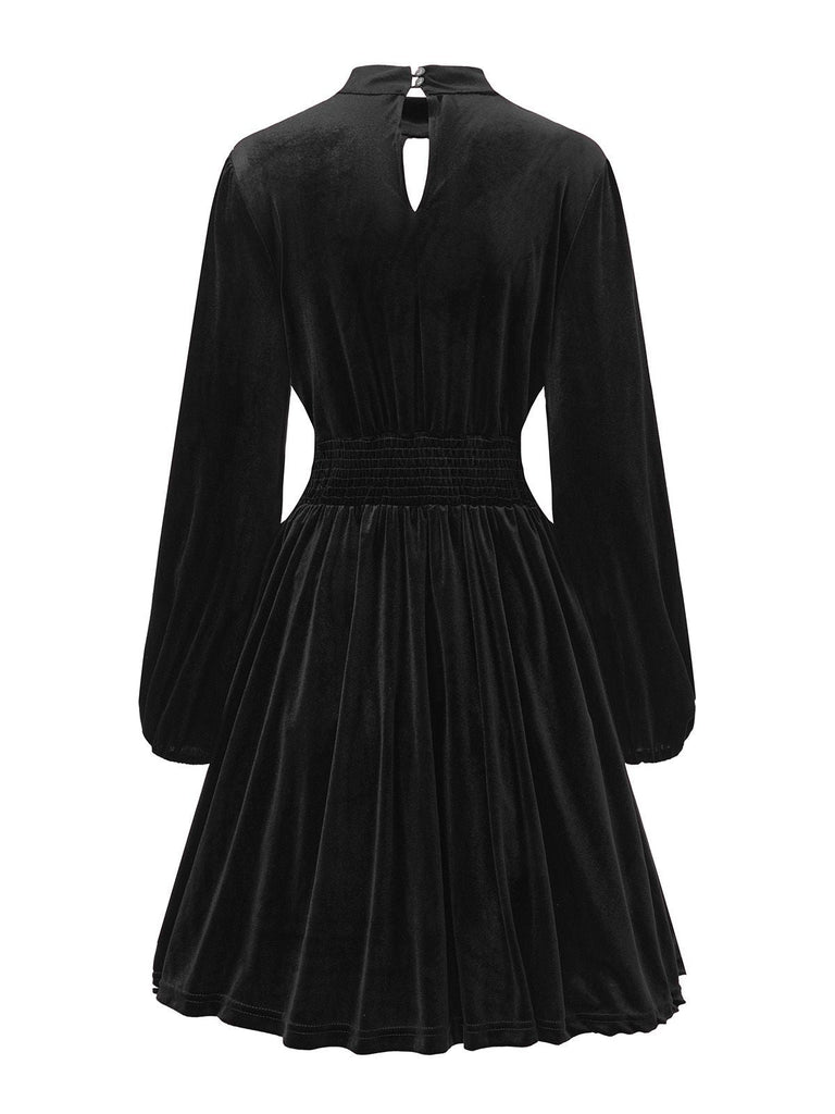 1940er Samt Cutout Plissiertes Laternenärmel Kleid