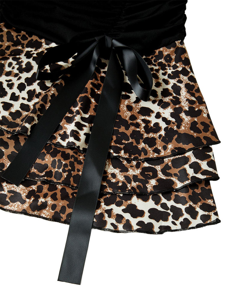 Schwarz 1980er Wickel Leopard Rüschen Binde Mini Kleid