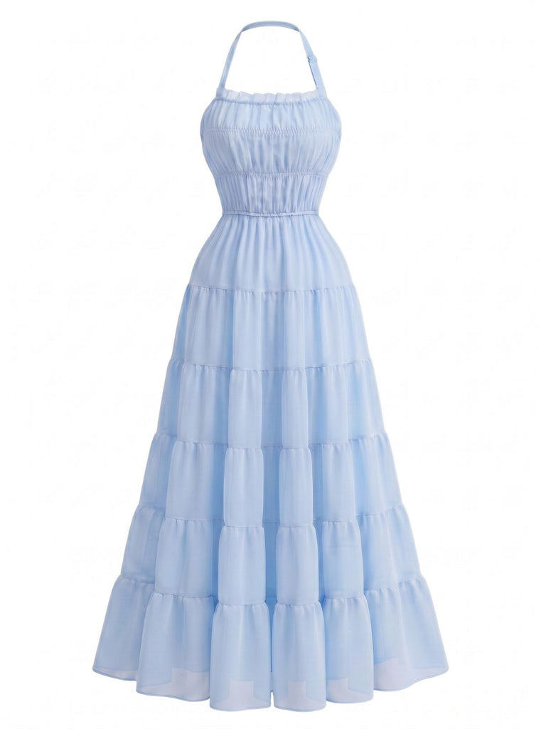 70er Chiffon-Maxikleid mit Neckholder und offenem Rücken