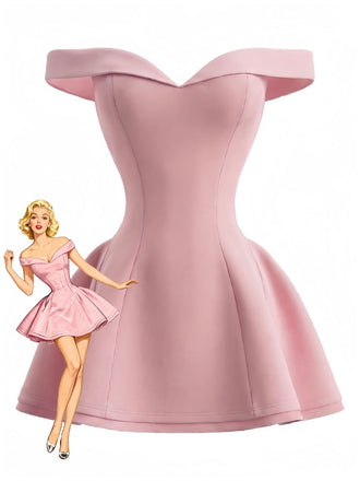 1960er Schulterfrei Figurbetont Einfarbig Mini Kleid