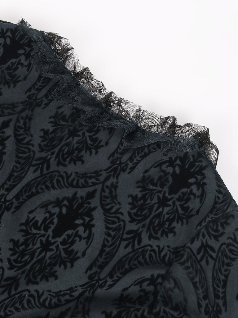 Schwarz 1950er Gothic Viktorianisch Spitze Glockenärmel Kleid