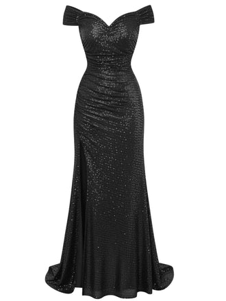 Schwarz 1930er Schulterfrei Glitzer Schlitz Maxi Kleid