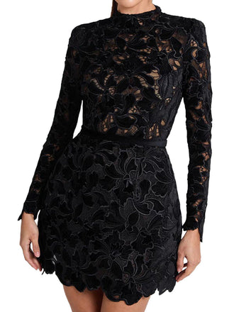 1960er Beflockt Blumen Spitze Halb Rollkragen Kleid