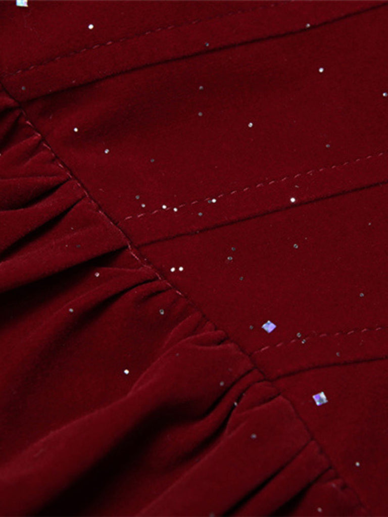 Weinrot 1980er Trägerlos Pailletten Bogen Mini Kleid