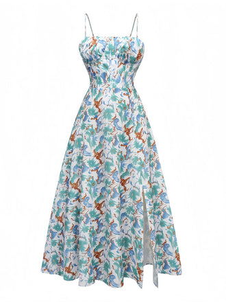 1950er Spaghetti Träger Blumen Rückenfrei Seitenschlitz Kleid