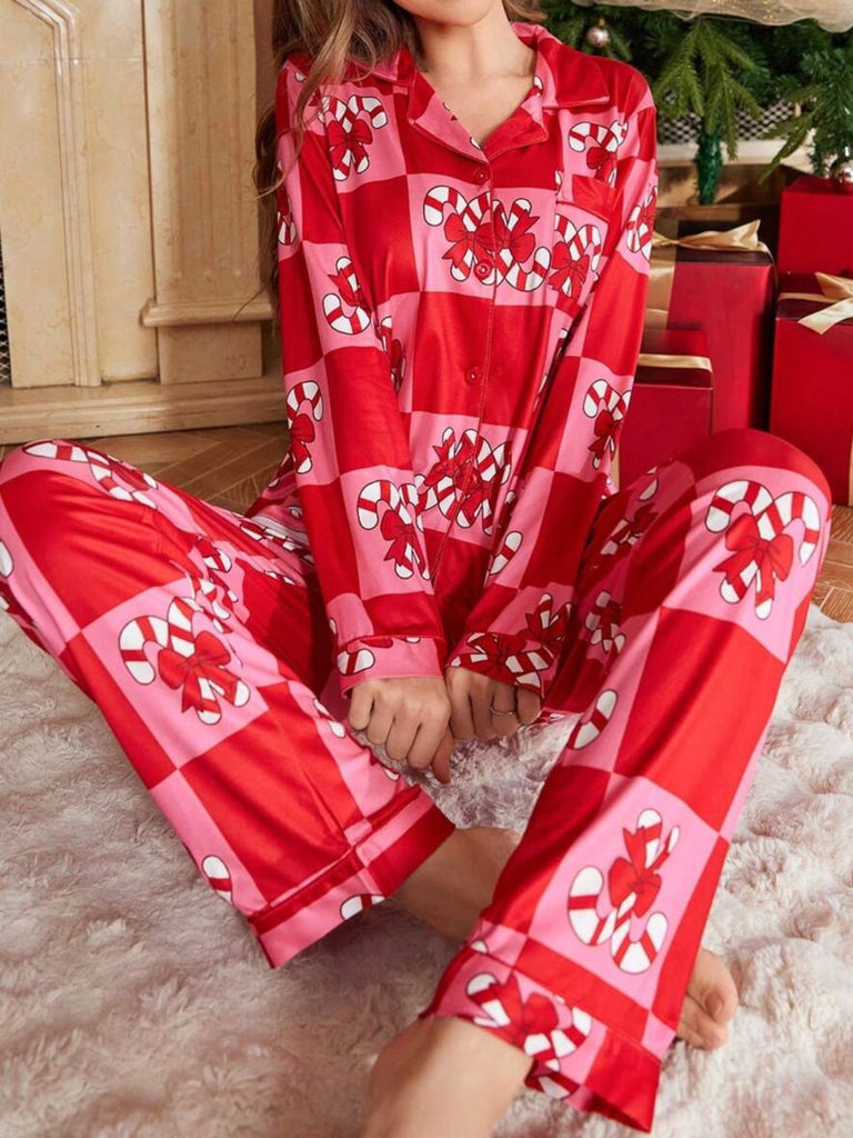 Rot 1980er Weihnachten Schachbrett Zuckerstange Pyjama Set