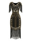 Gold 1920er Pailletten Fransen Flapper V-Ausschnitt Kleid