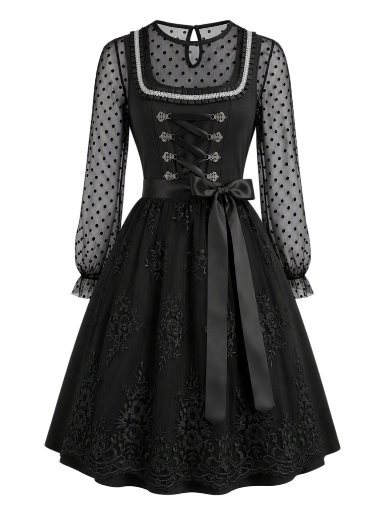 Schwarzes Oktoberfest Dirndl-Set mit Mesh und bestickter Schürze
