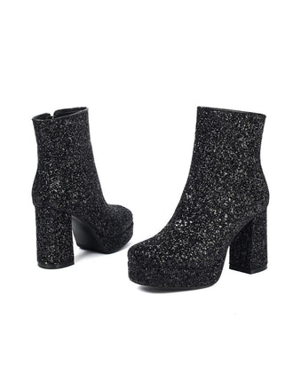 Schwarze Glitzer-Plateau-Stiefeletten mit Blockabsatz