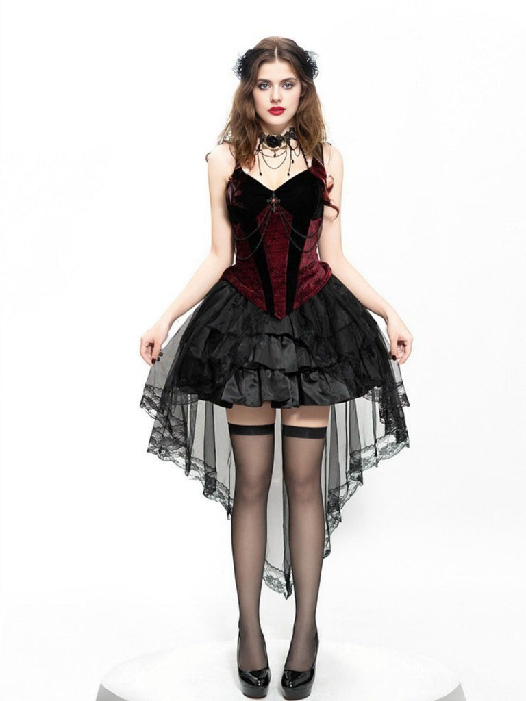 2PCS Rot 1980er Gothic Kreuzen Top & Spitze Rock